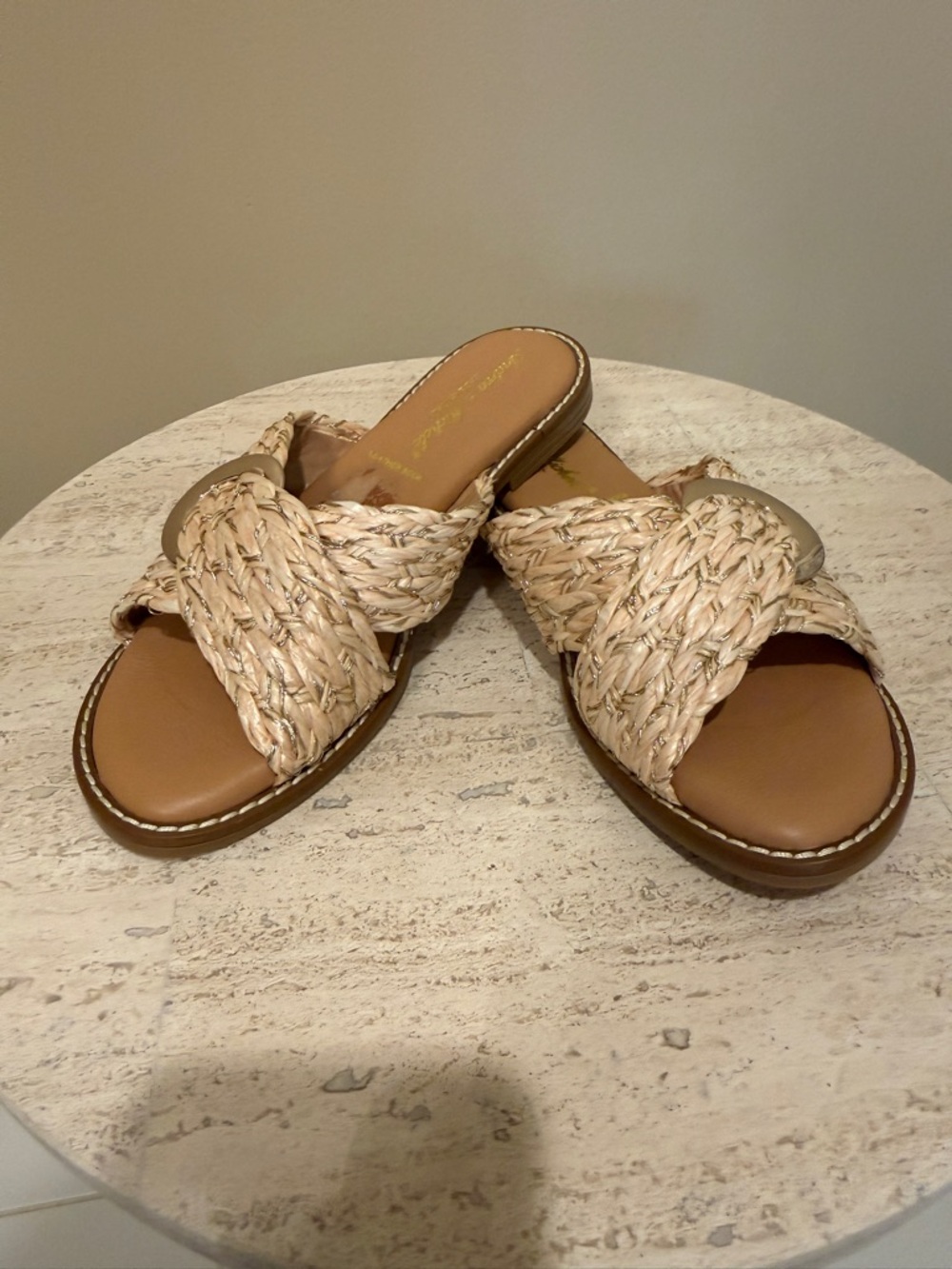 Woven Cross‑Band Slide Sandals in Natural